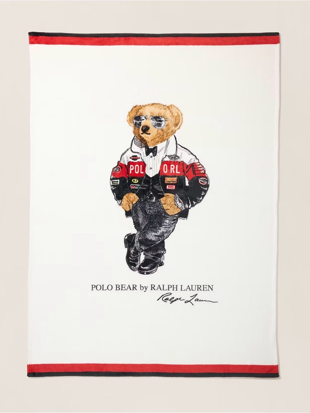 NWT POLO Ralph Lauren White TUXEDO RACING JACKET BEAR 50” X 70” Fleece Blanket